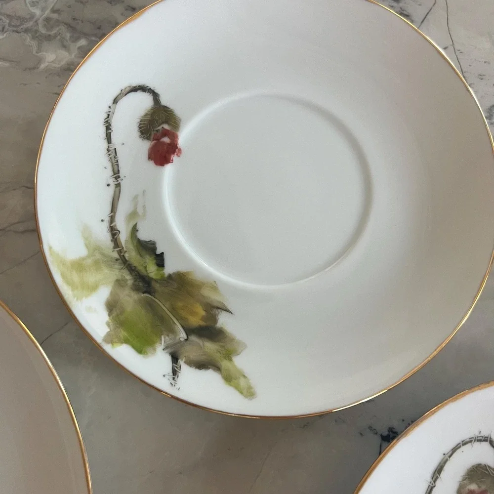 Set of‎ 3 dessert plate, cups & saucers plus bonus- hand painted Poppy in Japan
